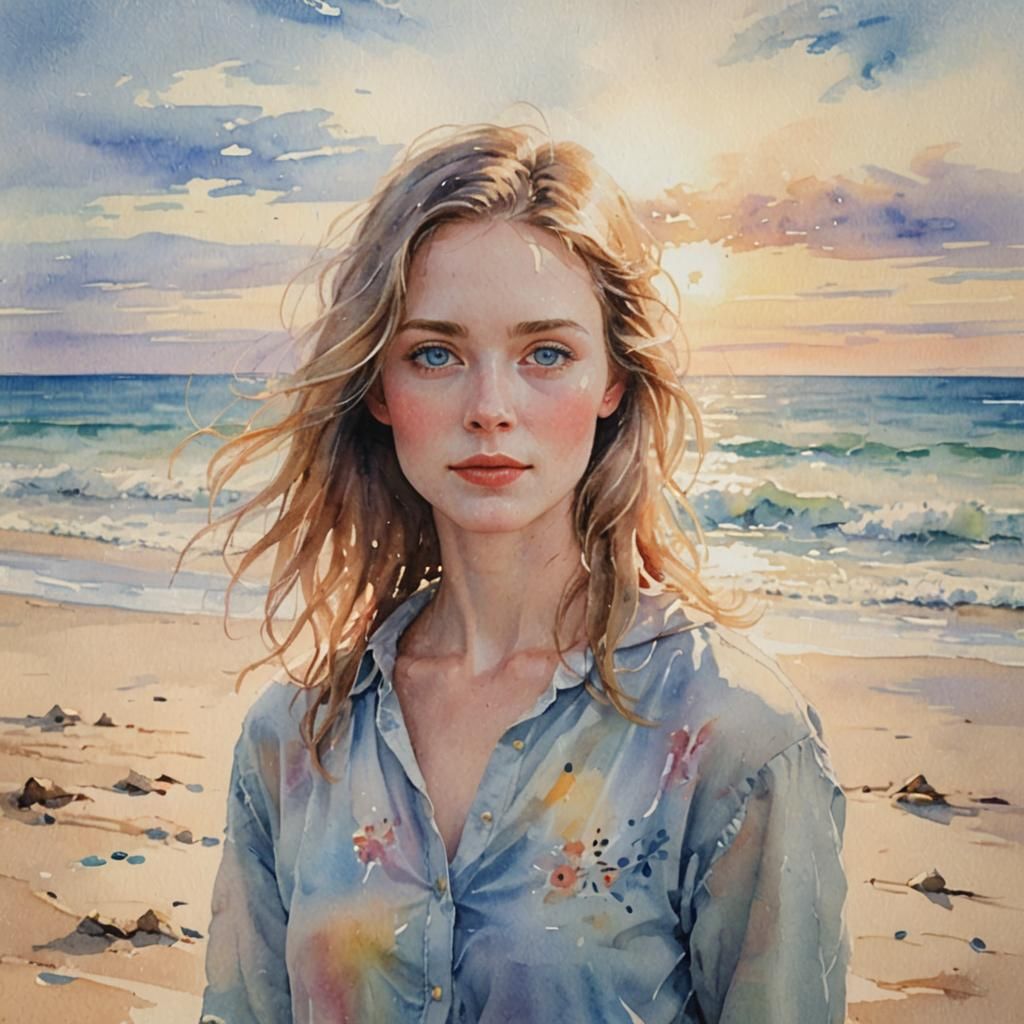 Watercolor Portrait of Blue-Eyed Person on Beach