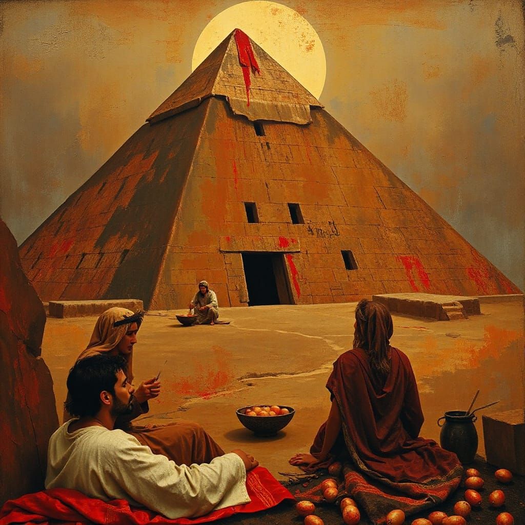Ancient Mesopotamia. Marco lens. Early Christians sitting outside a ziggurat, painting eggs blood red. matte painting ly...