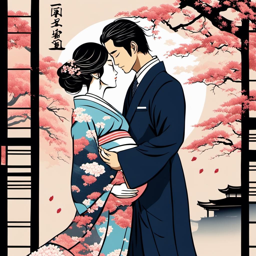 Loving Japanese Couple Expecting Child: Hyperdetailed Portra...