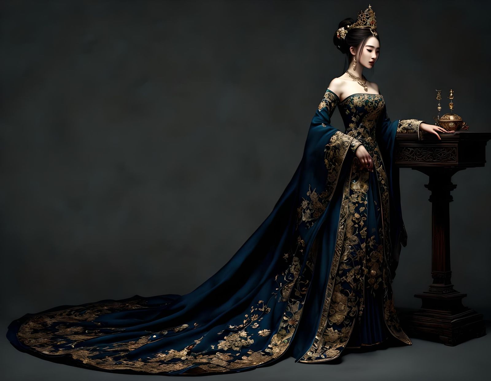 Empress in Chiaroscuro Style Luxurious Dress