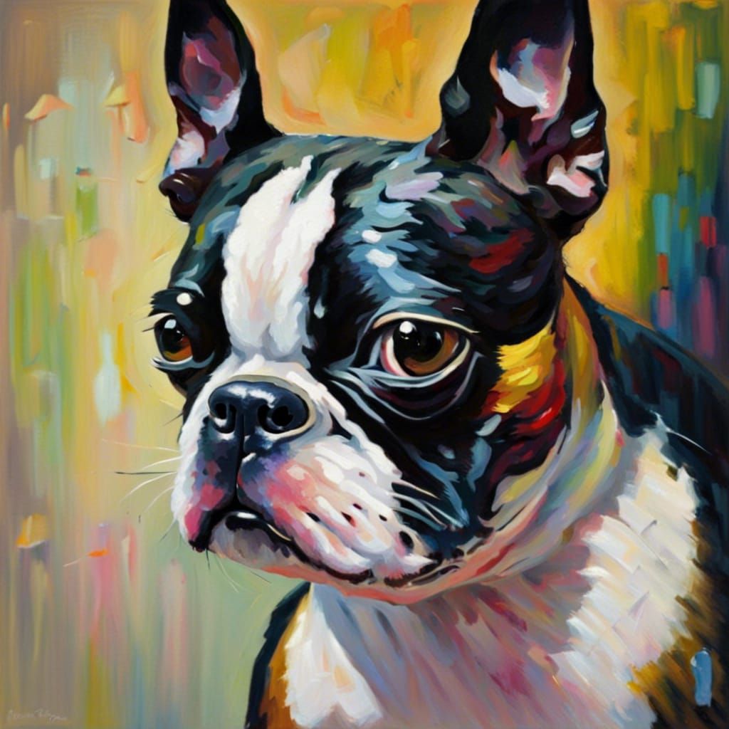 Boston Terrier Portrait in Expressionist Impasto Style