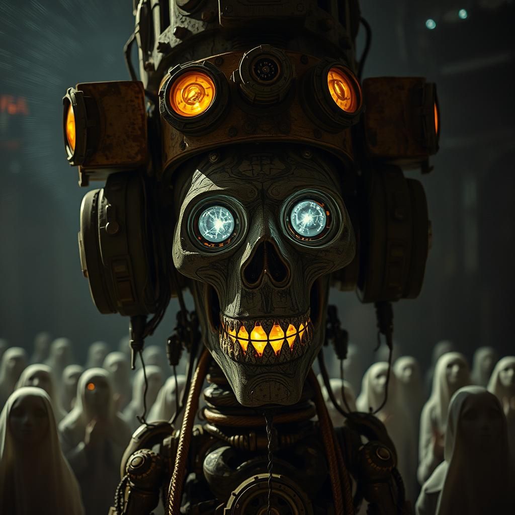 Surreal Biomechanical Totem Sculpture in Optical Maze