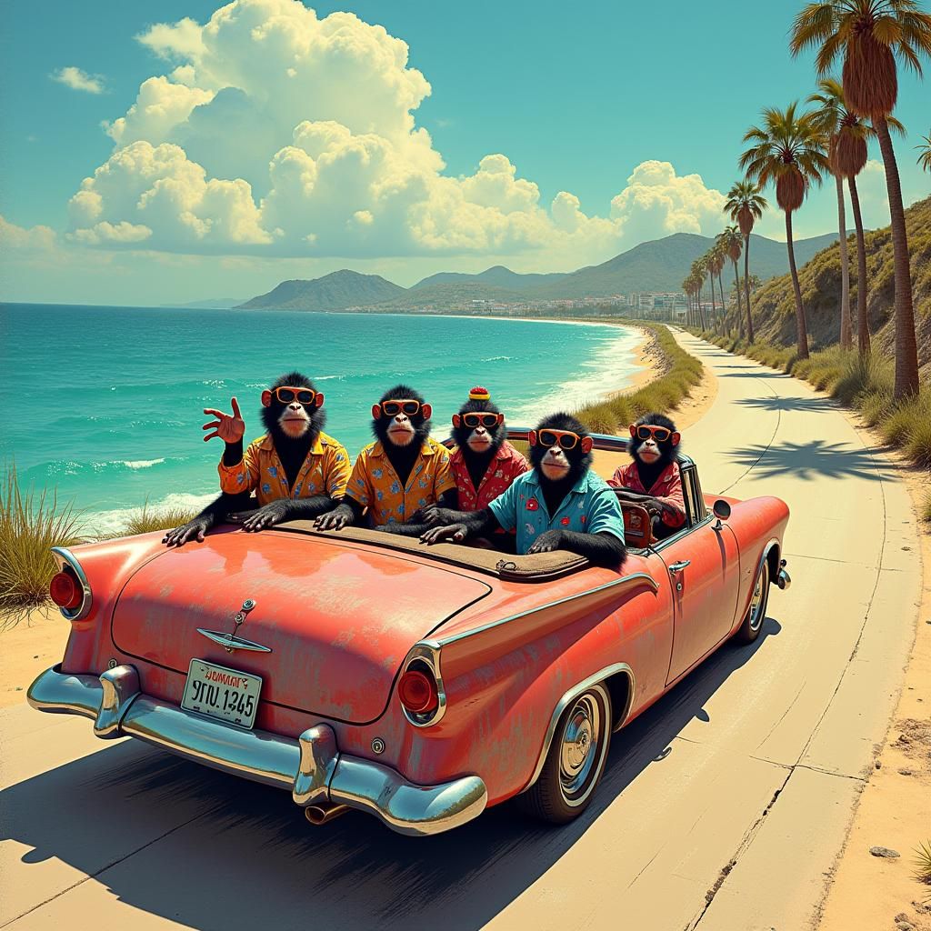 Monkeys Joyriding in a Convertible, Cyberpunk Illustration