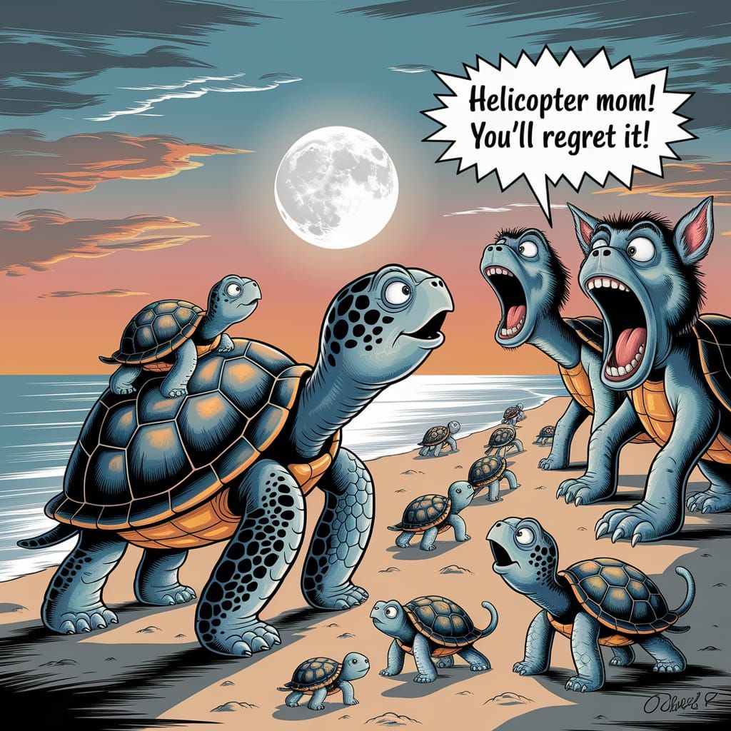 Whimsical Caricature: Mother Turtle's Moonlight Journey