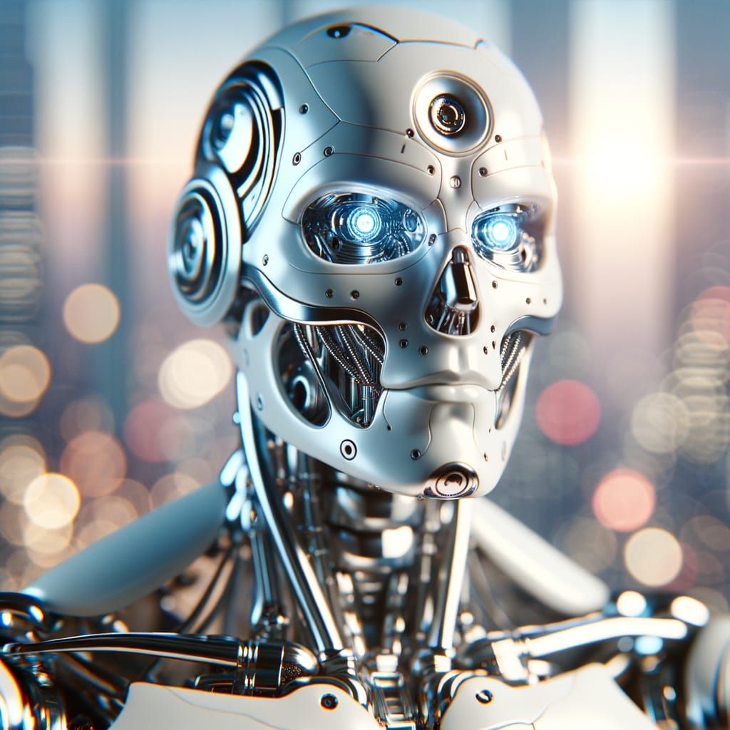 Futuristic Robot with Gleaming White Skull and Intense Blue ...