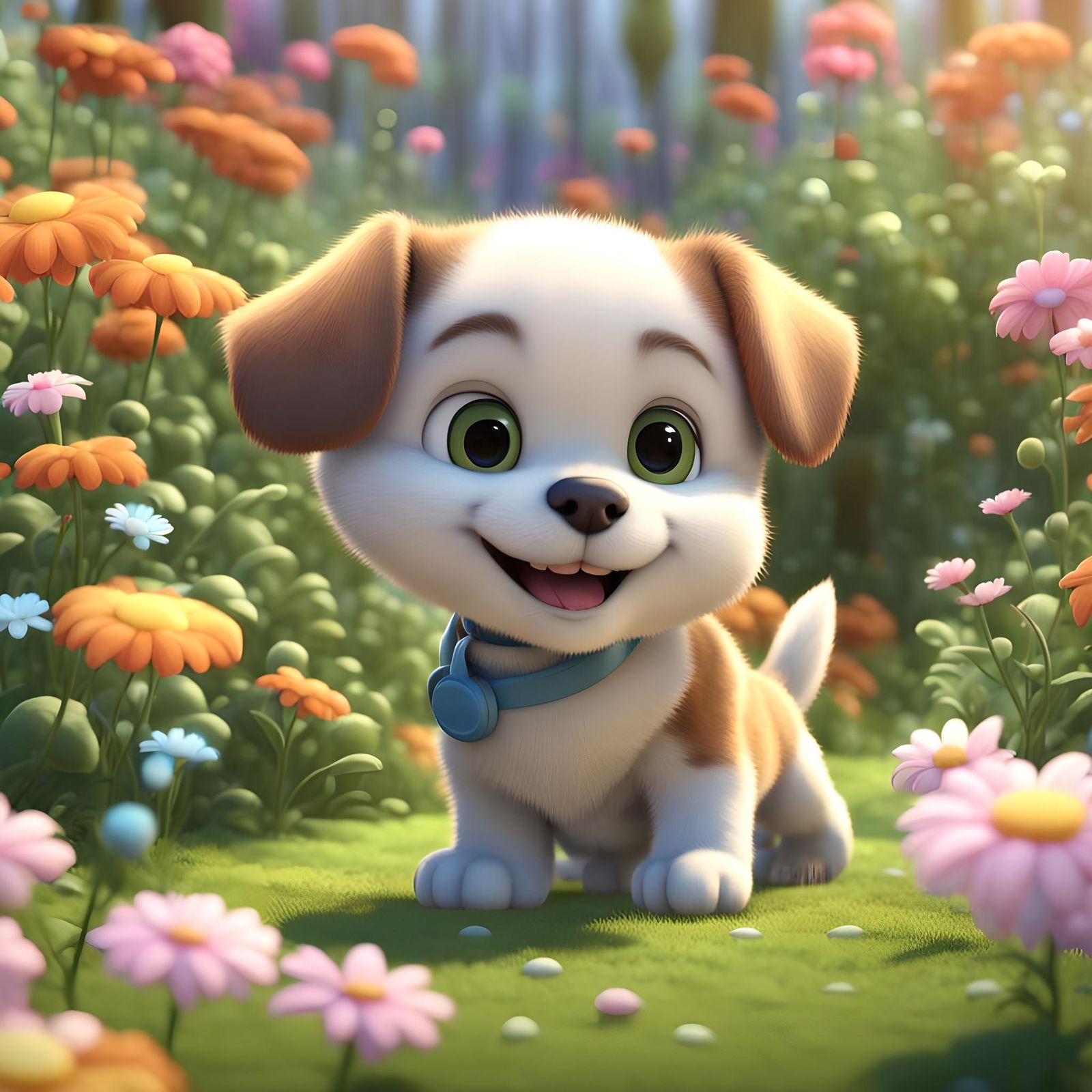 3D cartoon, funny Chiby puppy dog posing next to a little sm...