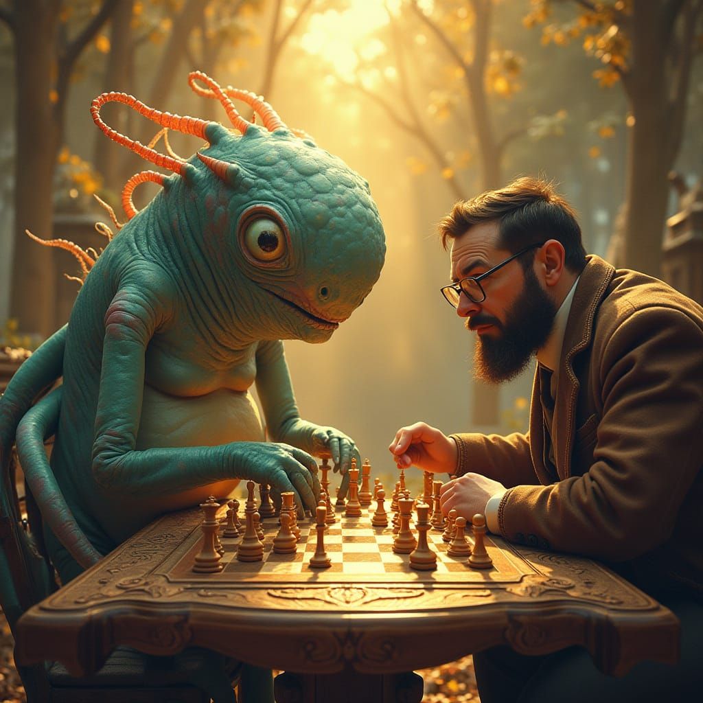 Jovial Alien Engages Bespectacled Man in Whimsical Chess and...