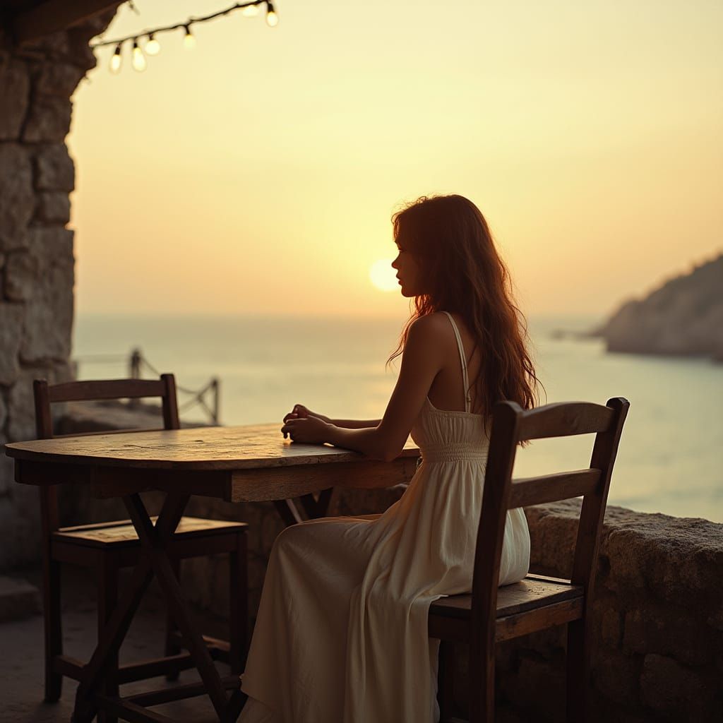Woman on Balcony at Sunset in 35mm Style