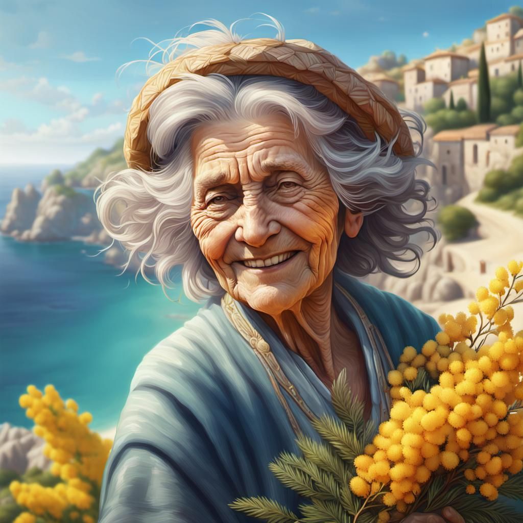 Smiling Woman with Mimosa Bouquet, Hyperdetailed Portrait