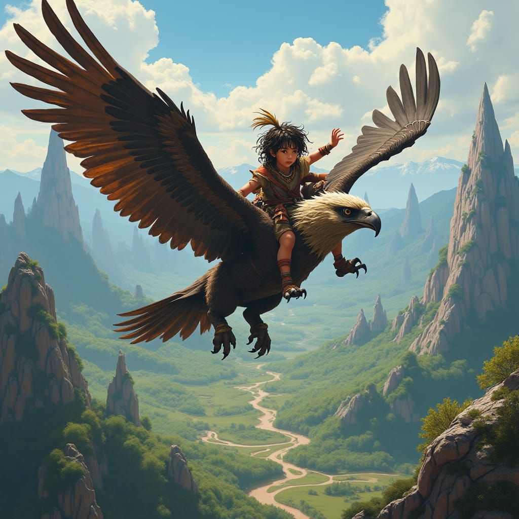 Hobbit Soaring on Eagle in Fantasy Landscape