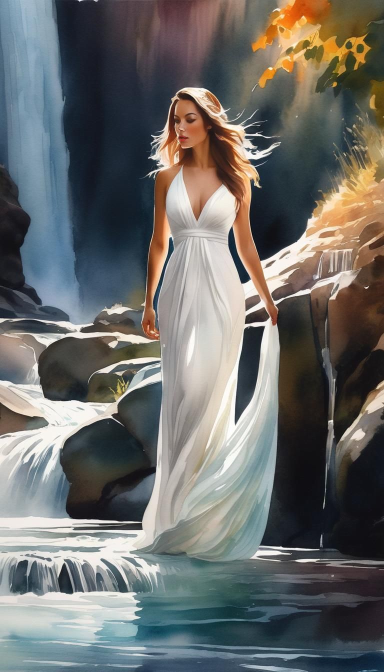 Watercolor Woman Merging with Waterfall