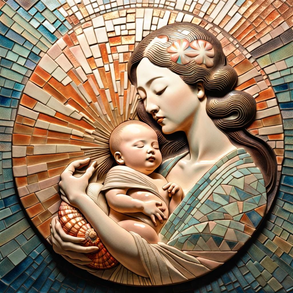Mother and Newborn in Ukiyo-e Style with Ceramic Glaze