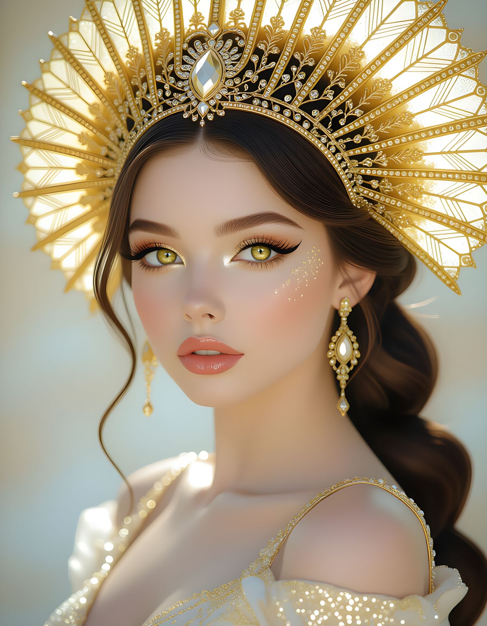 Avant-Garde Lady in Gold Isopod Dress as Impasto Oil Paintin...