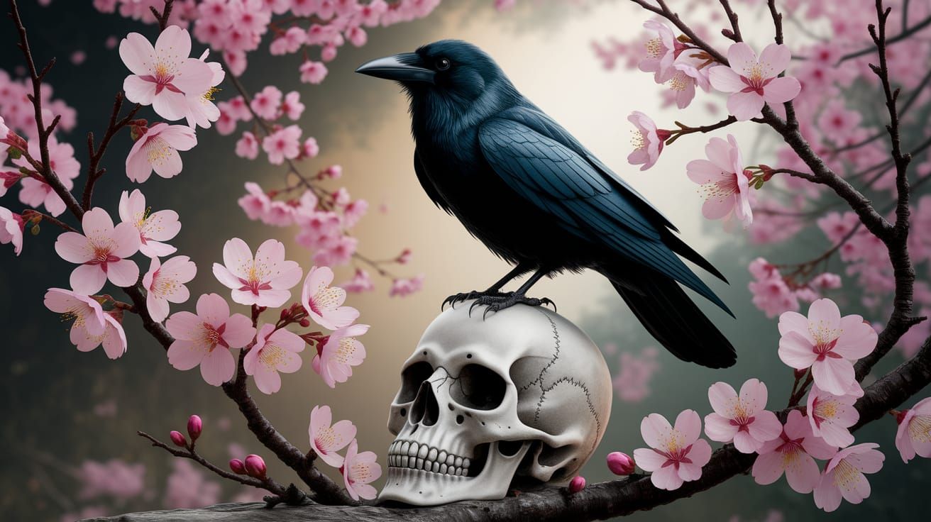 Black Crow on Skull with Cherry Blossoms in Leroy Neiman Sty...