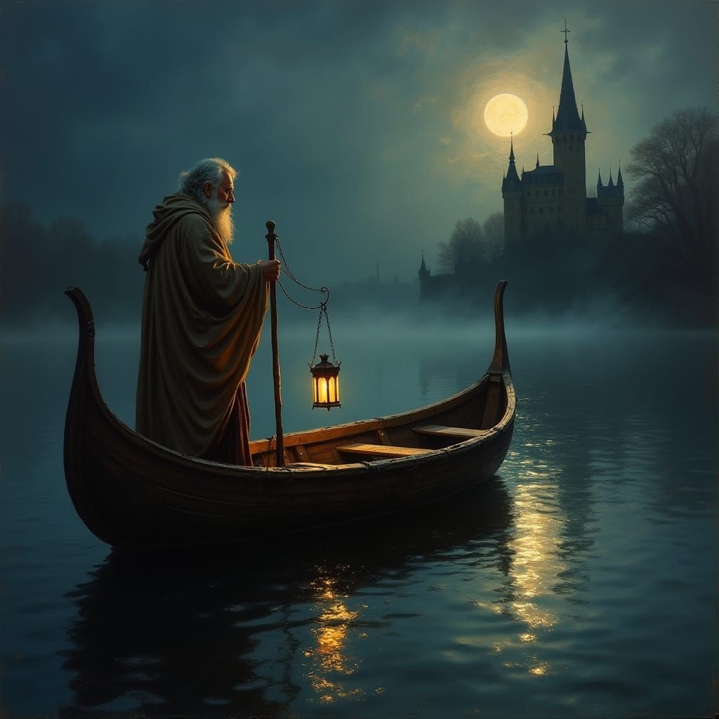 Wise Old Man Under Moonlit Castle