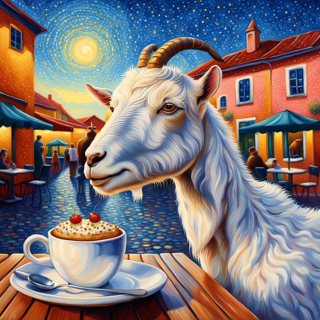 Goat at Cafe: A Pointillist Painting in Vivid Colors