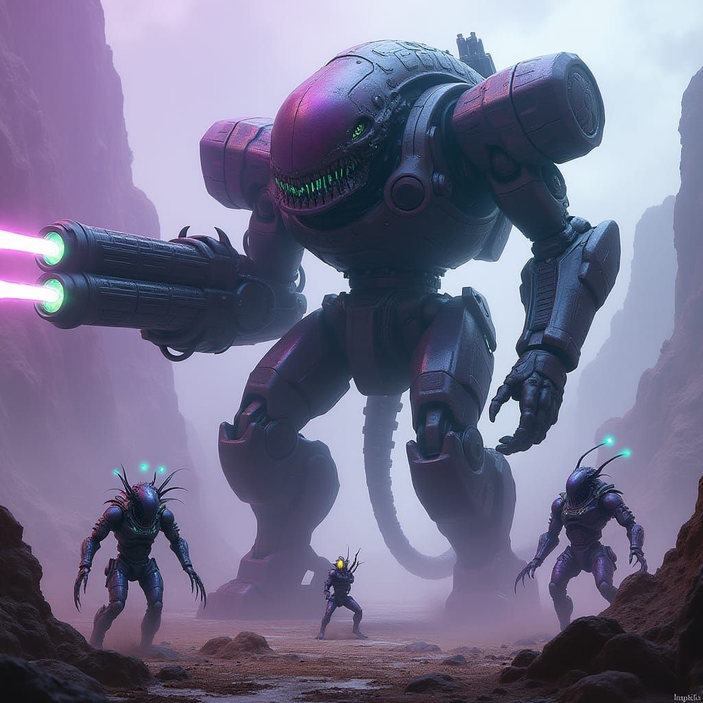 Colossal Mech Fights Alien Horror on Futuristic Battlefield