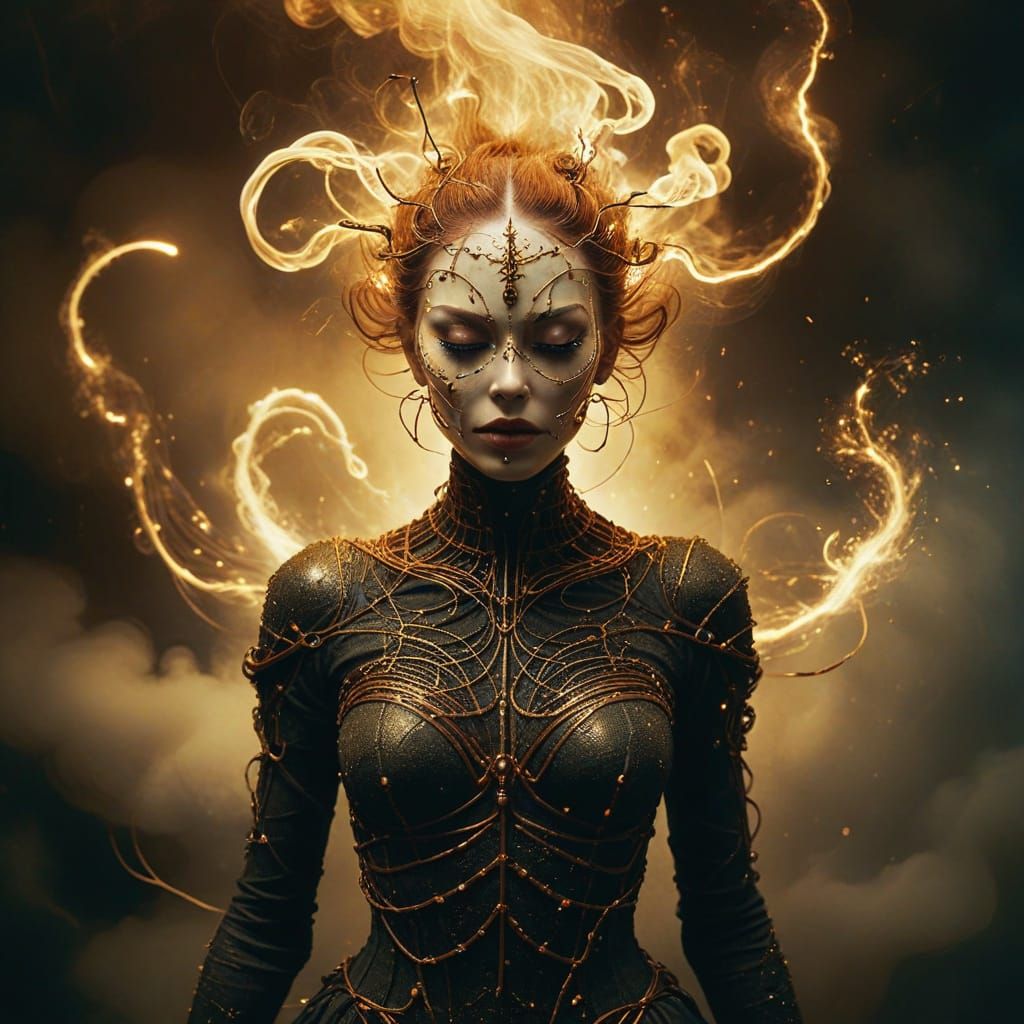 Surreal Dancer in Copper Coils of Energy and Light