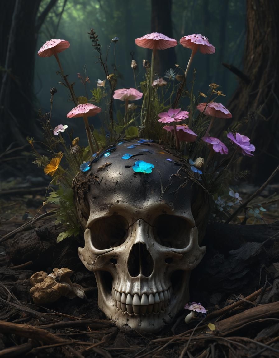 Wildflowers Bloom in Haunted Skull: Hyperrealistic Art