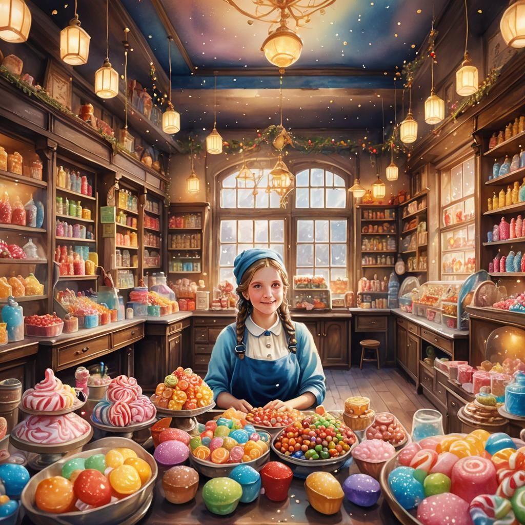 Whimsical Candy Shop Watercolor Portrait in Fantasy Style