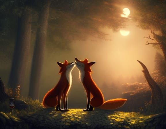 Fox Couple Kissing in Moonlit Forest: Matte Painting