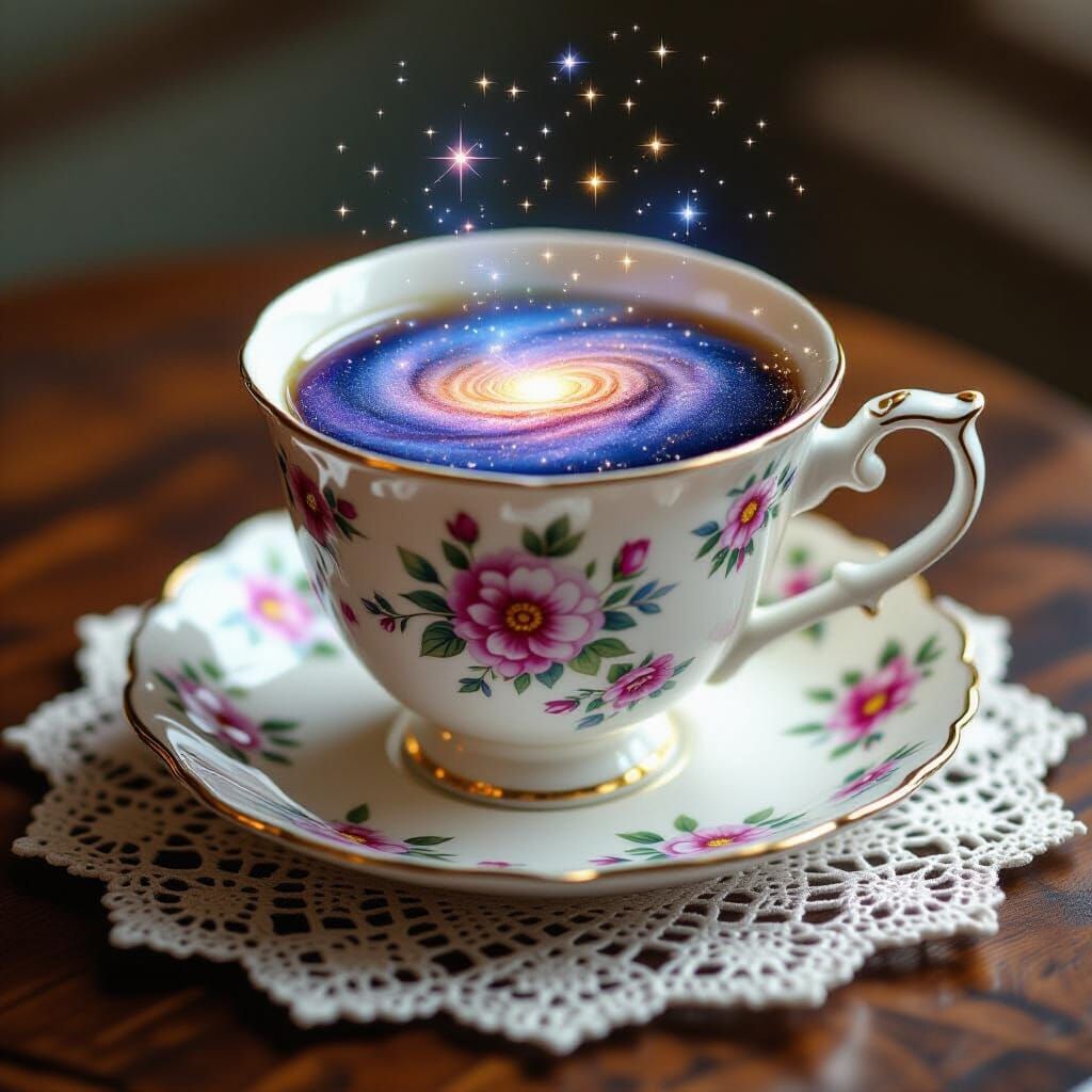 Whimsical Teacup Holds Miniature Galaxy With Cosmic Wonder