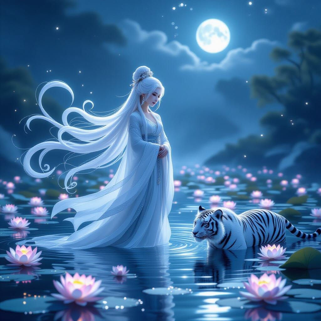 Ethereal Maiden in Twilight Pond with White Tiger