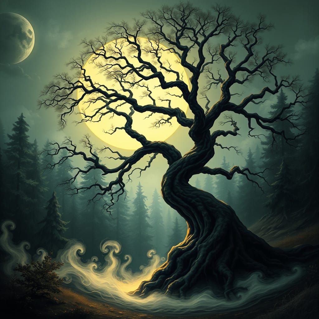 Majestic Tree's Shadow Flees into Mystical Forest