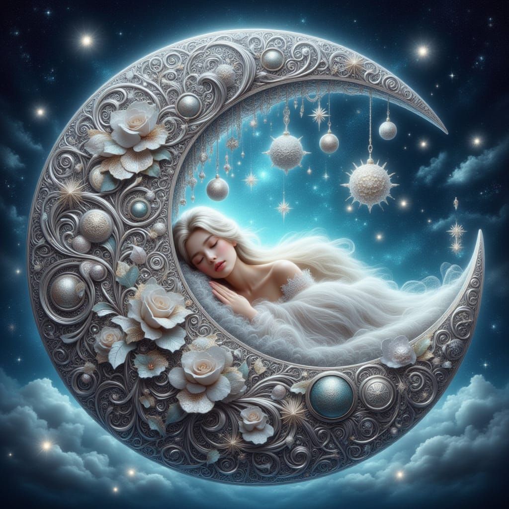 Christmas Scene With Ornate Filigree Crescent Moon