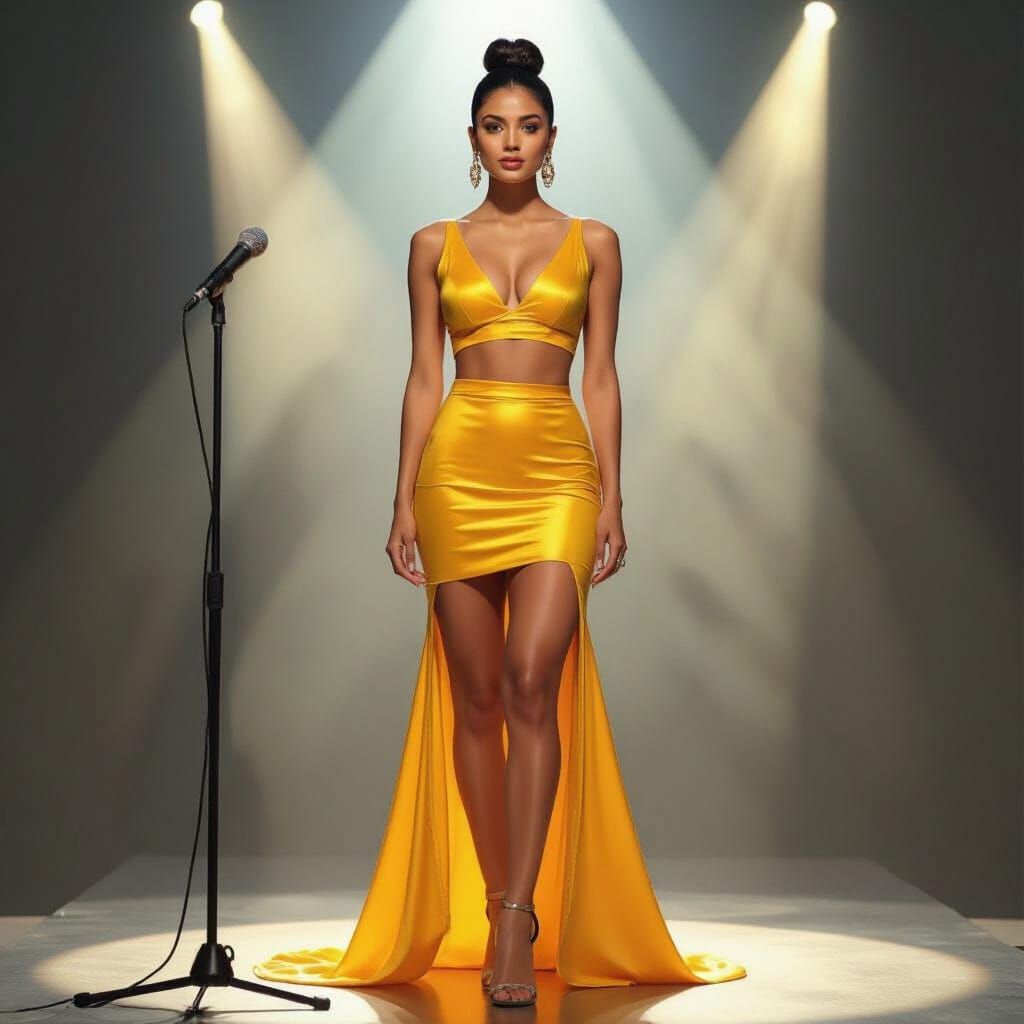 Stunning Indian Woman on Stage in Yellow Outfit