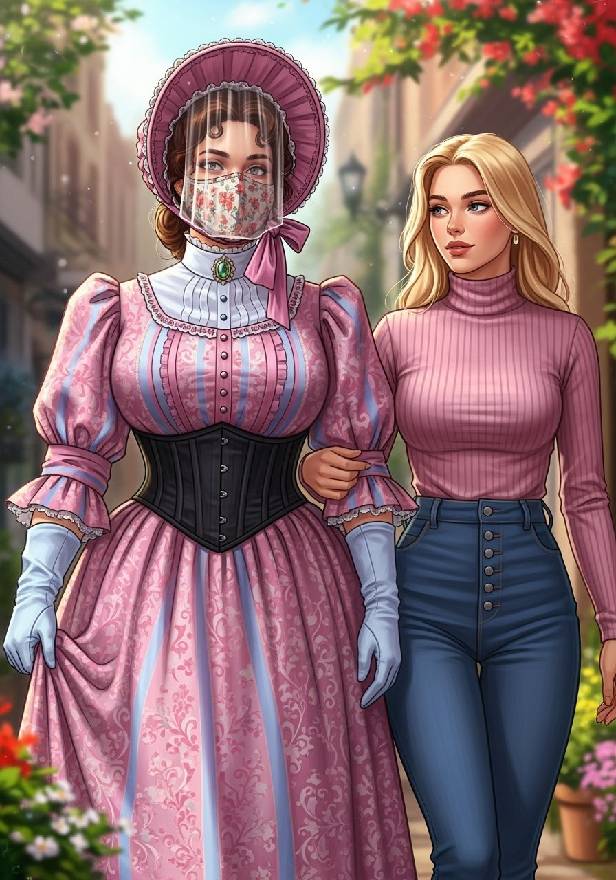 Victorian Era Fashion in an Impressionist Cityscape