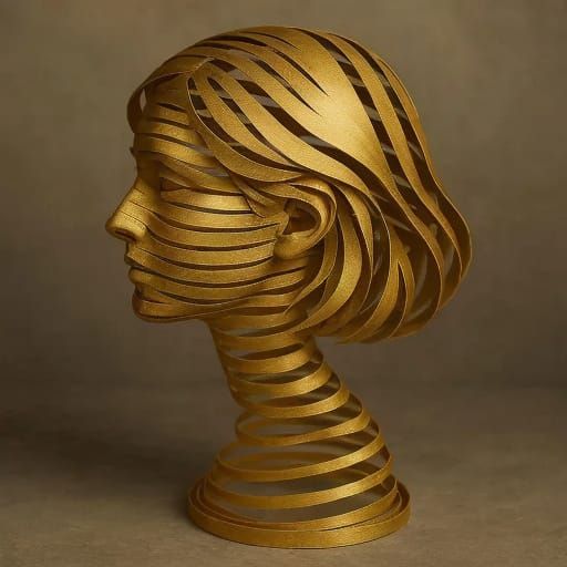 Gold Paper Sculpture of Woman's Head Spiraling Upwards