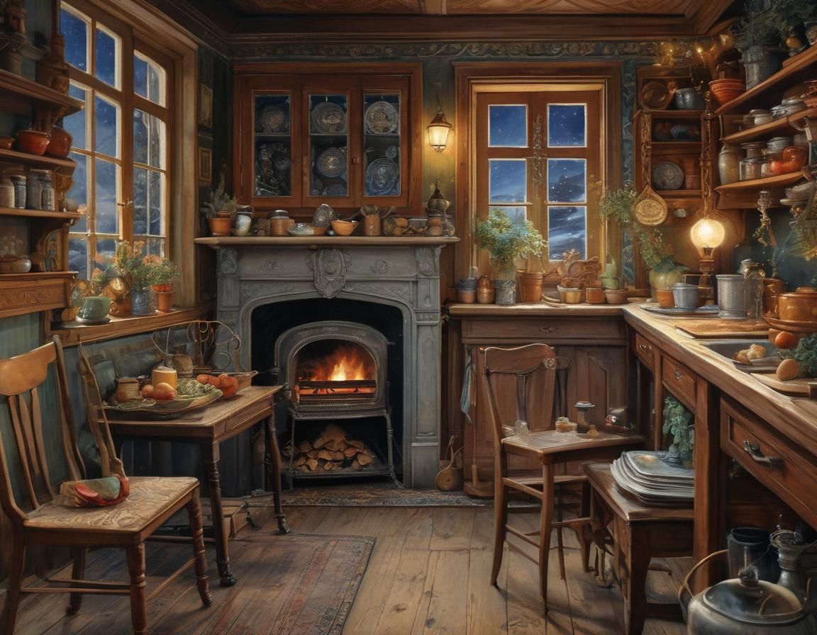 Cozy Winter Nighttime Scene with Starry Sky through Window