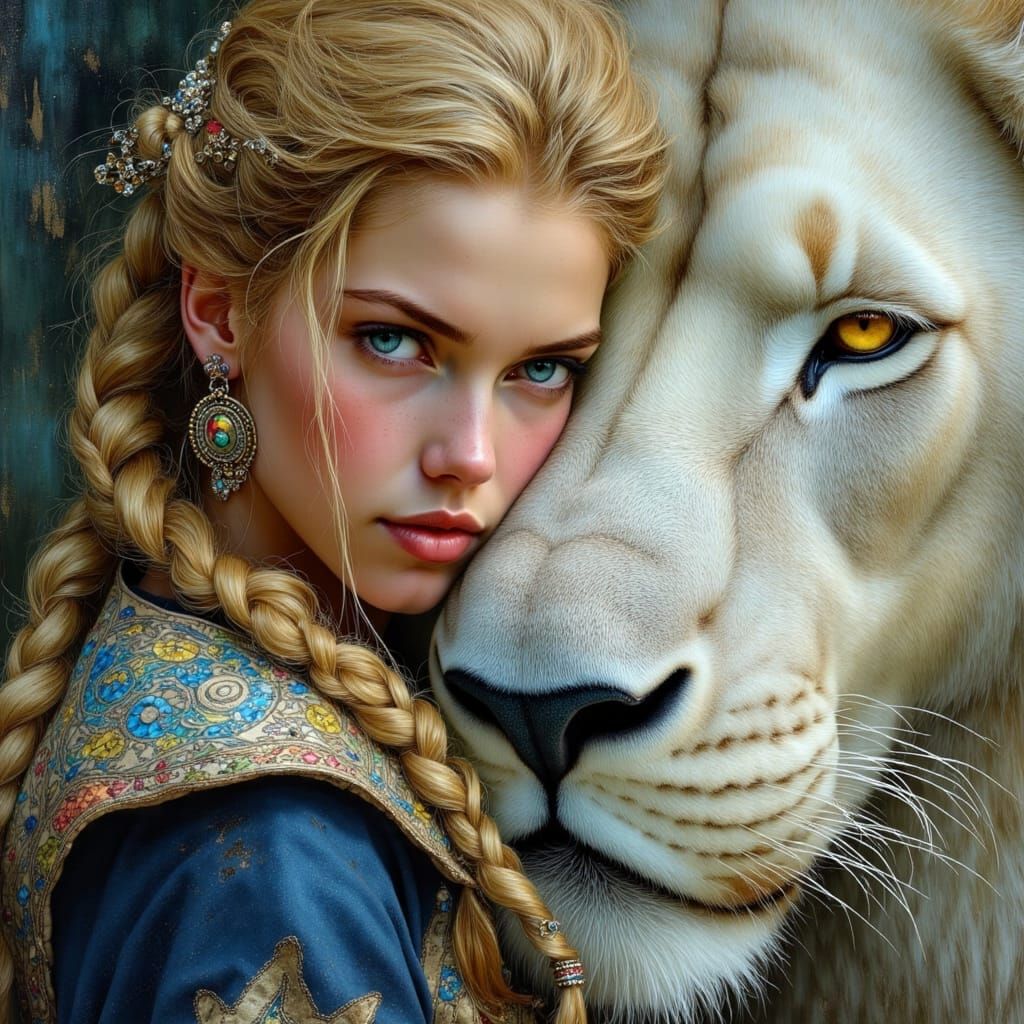 Nordic Woman and Lion Portrait in Oil Painting Style