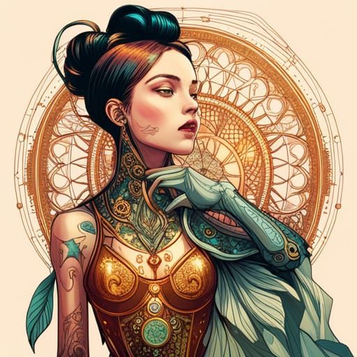 Steampunk Cyborg Princess with Golden Outlines