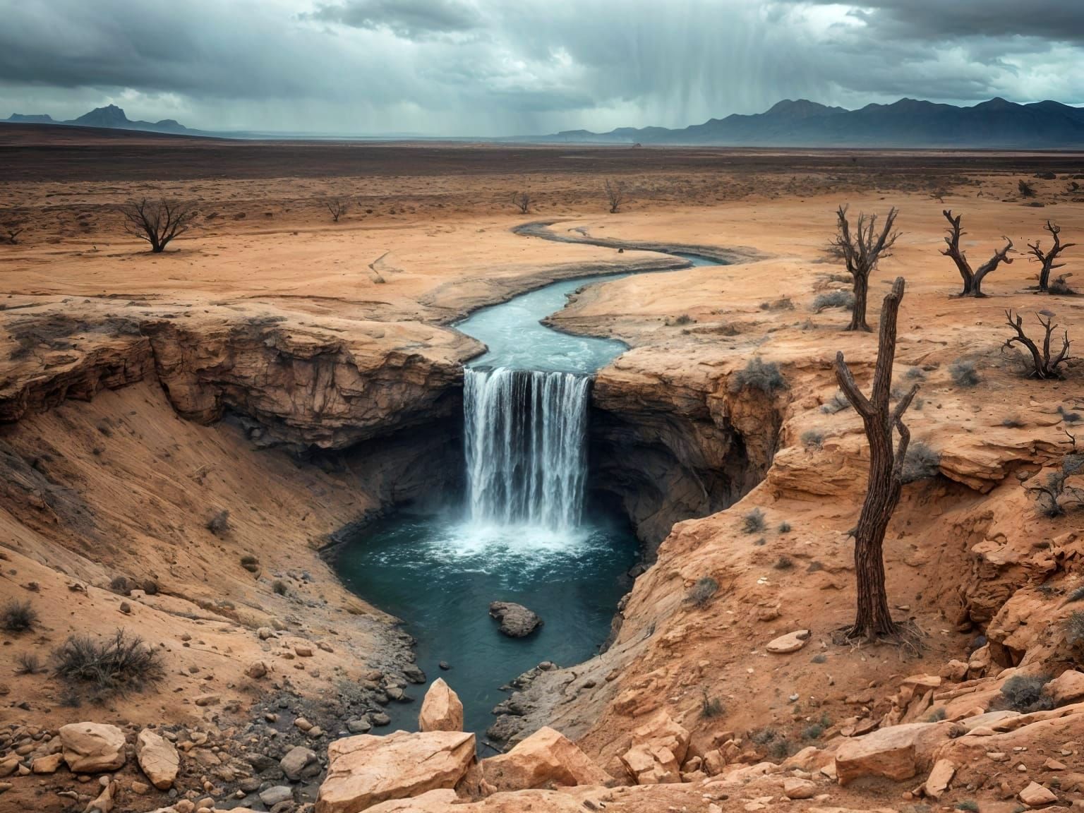 Dramatic Desert Waterfall in Hyperrealistic Style