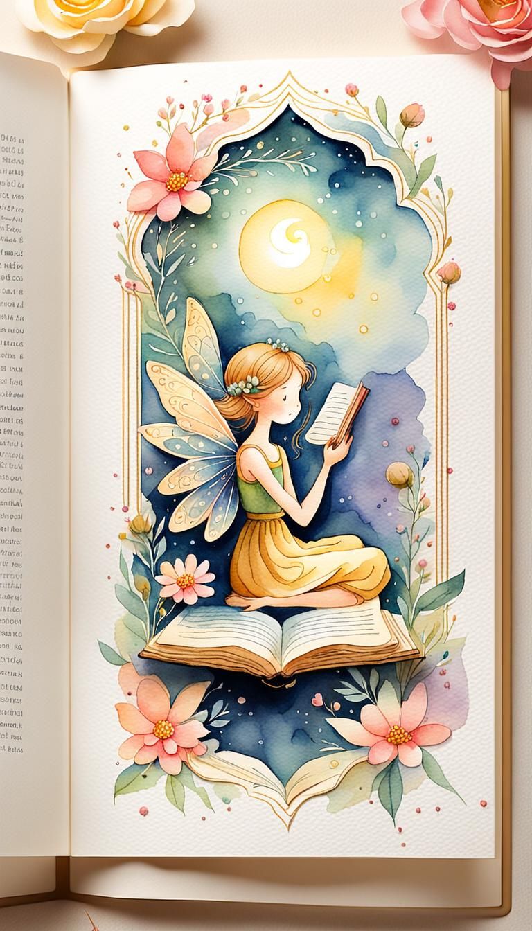 Whimsical Watercolor Bookmark with Reading Fairy