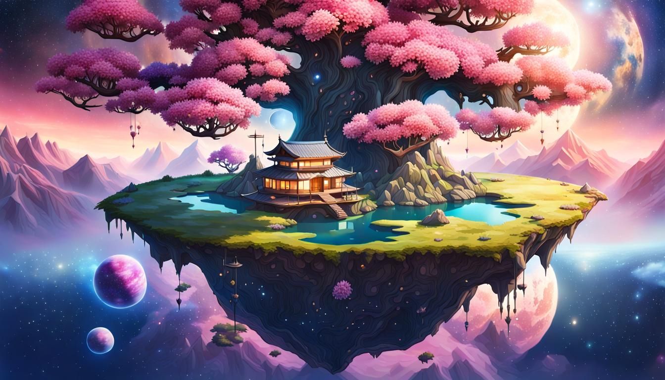Floating Island with Sakura Tree and Civilization