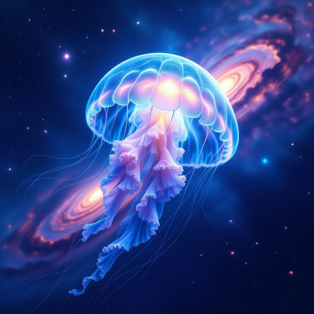 Bioluminescent Jellyfish in Cosmic Nebula, Ethereal Blues & ...