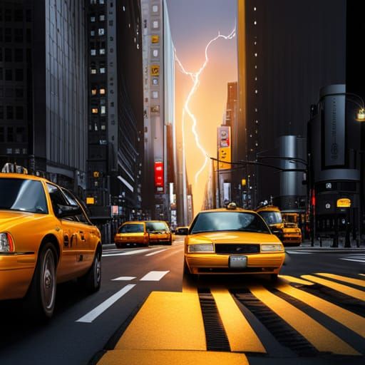 NYC Taxi Street Scene with Lightning