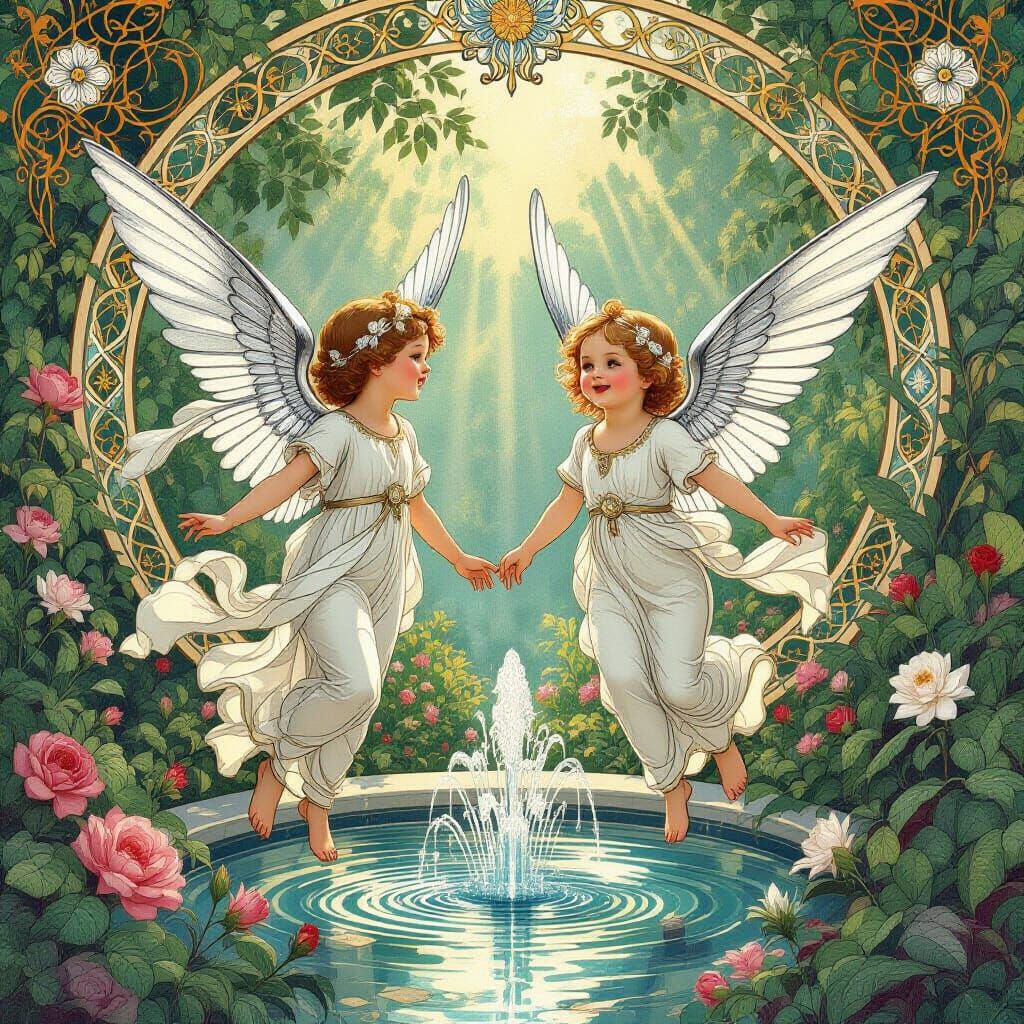 Art Nouveau & Deco Angels in Lush Gardens with Cherubs