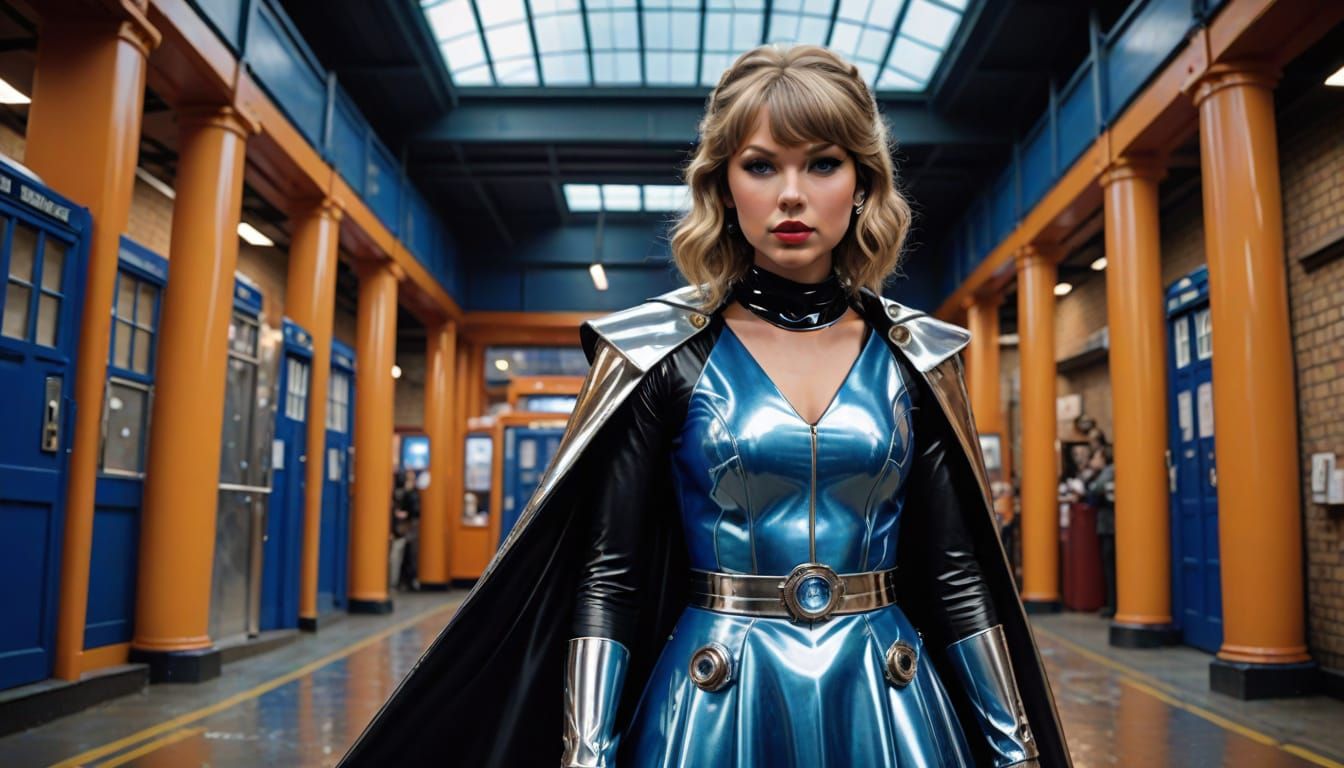 Taylor Swift as a Chrome Caped Timelord in Wide-Angle Photo