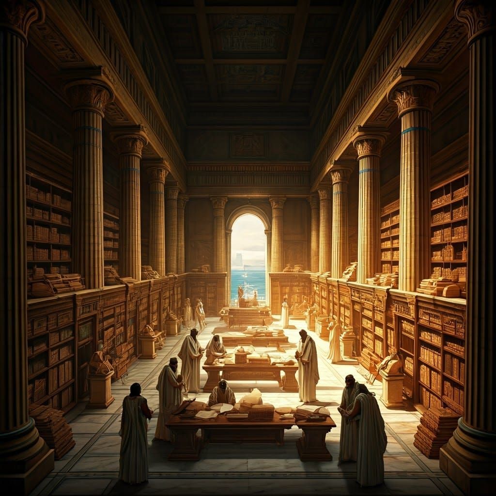 Ancient Library of Alexandria in Greek-Egyptian Splendor