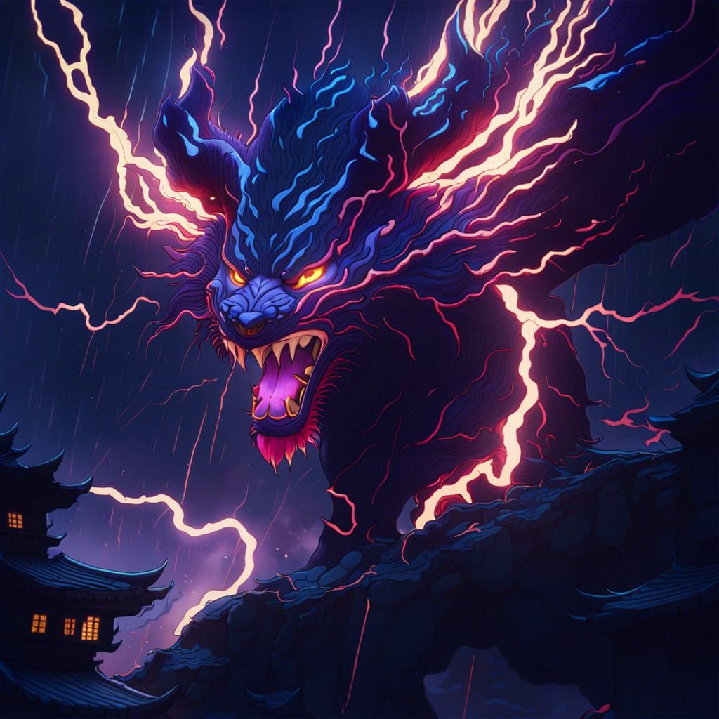 Raiju Yokai in Lightning Landscape Art