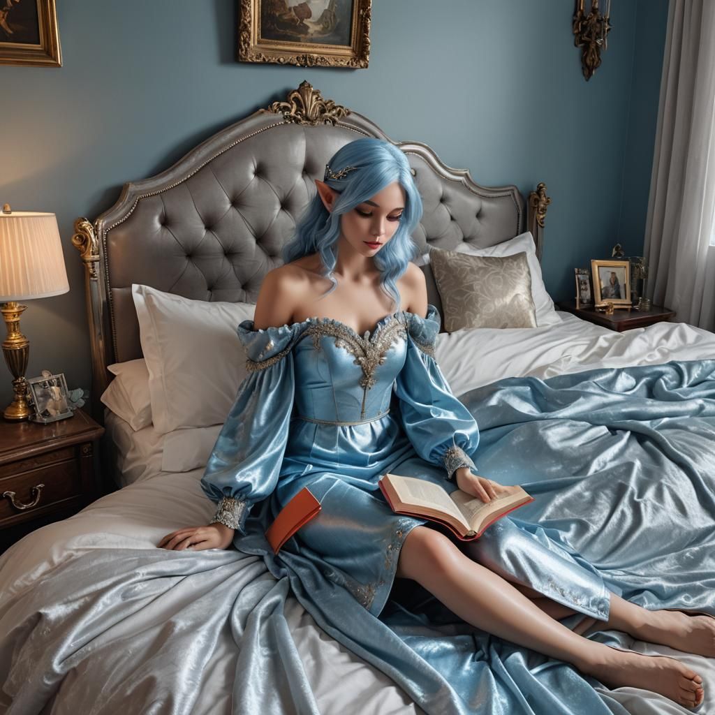 Blue Elf Reading in Luxury Bedroom