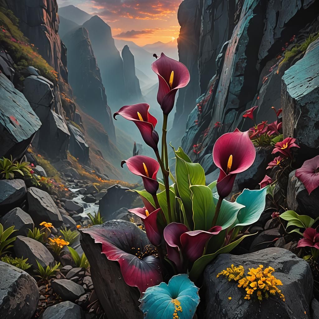 Exotic Calla Lily Blooms in Mountain Crevice