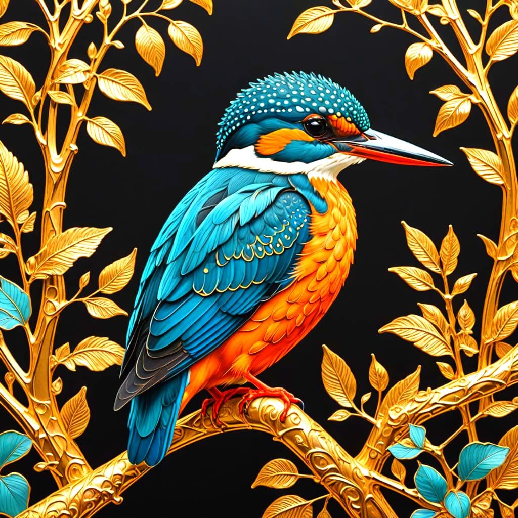 Vibrant Kingfisher Illustration with Gold Filigree