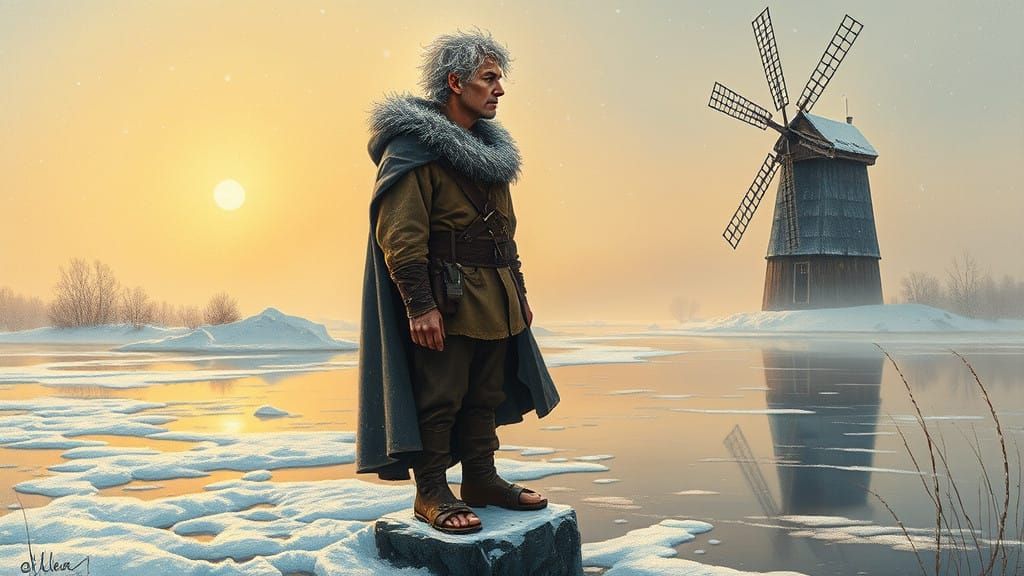 Winter Landscape with Miller and Windmill in Impasto Style