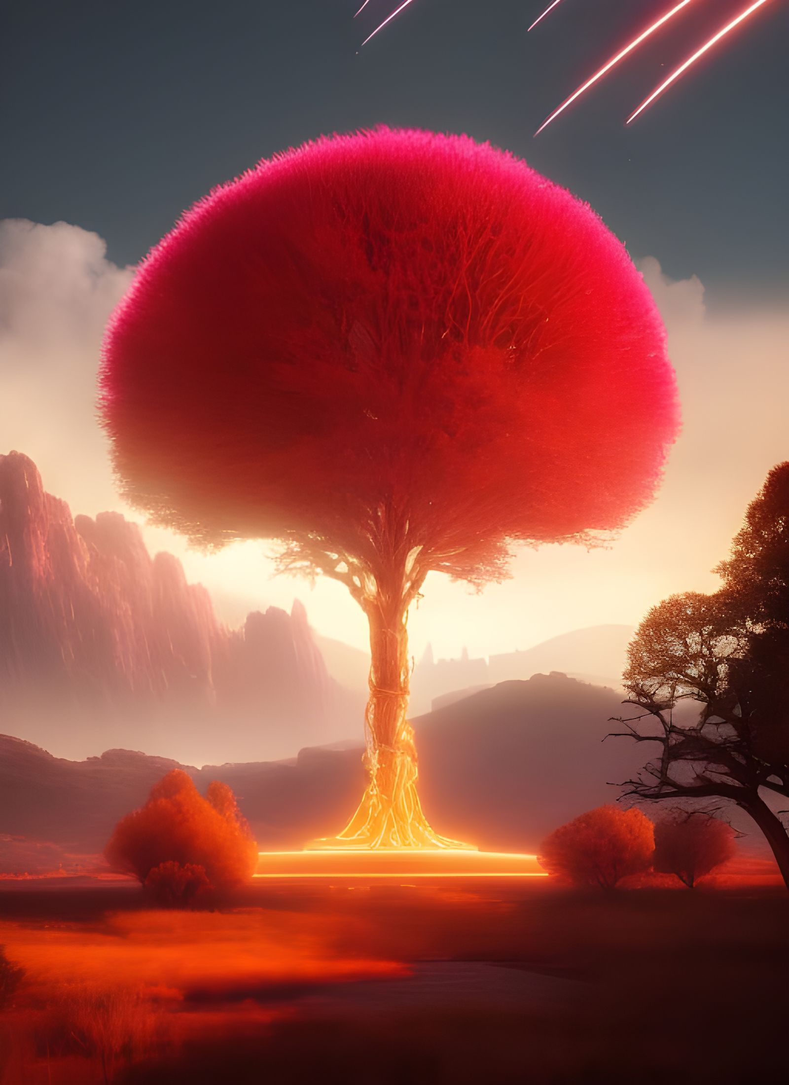 Magic Glowing Tree and Castle in Retropunk Style