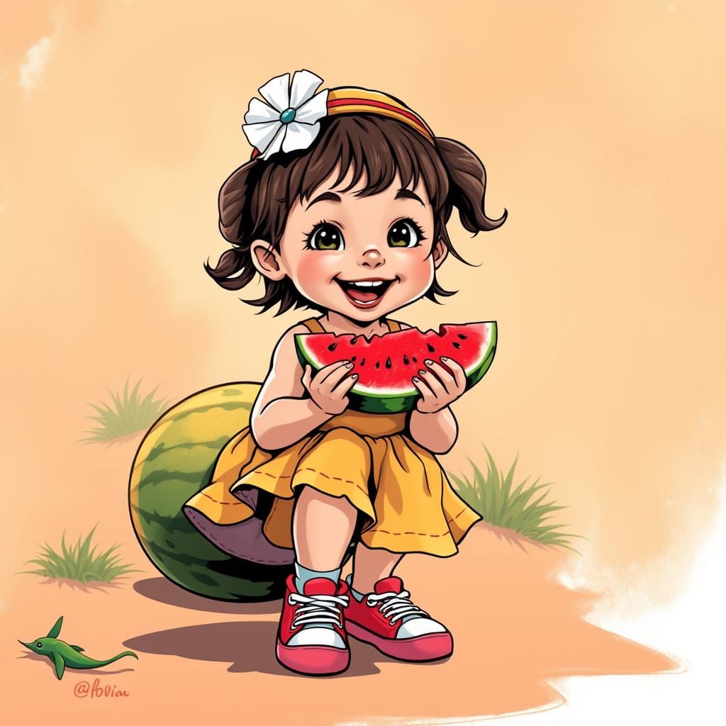 Girl Eating Watermelon in Comic Book Style
